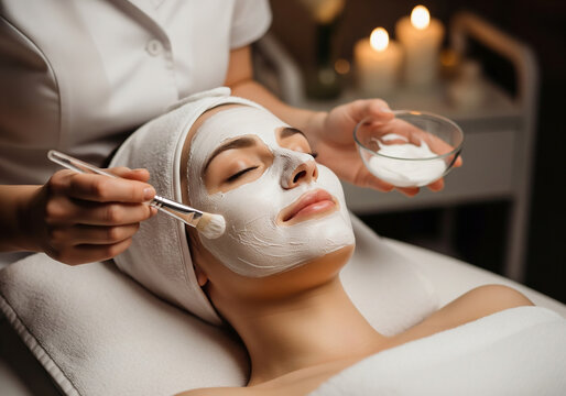 A woman is receiving a facial treatment, lying on a spa bed with a white headband. A beautician, wearing a white uniform, applies a white facial mask with a brush to her face. - Powered by Adobe