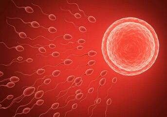 Spermatozoa swimming towards ovum on a red background