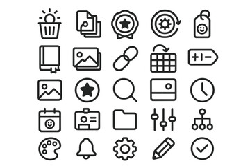 Fototapeta premium A set of simple, clean black icons representing digital tools, including file management, settings, and multimedia.