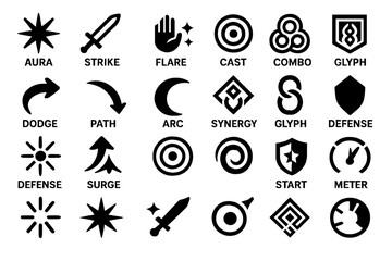 Set of fantasy game ability icons with labels like aura, cast, and strike