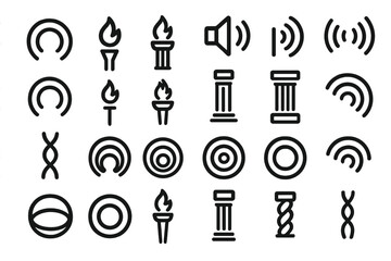 Set of symbols representing sound waves, pillars, and energy signals, in minimalist line style.