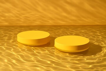 Two yellow cylinders float in golden water, creating a calm and minimal scene