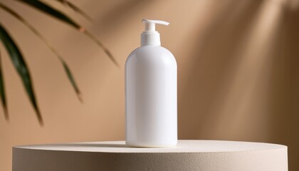 white bottle mockup with dispenser on beige podium