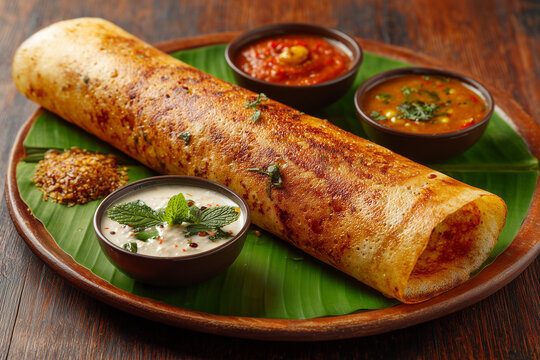 Crispy masala dosa rolled and plated with coconut, tomato, and mint chutneys on a banana leaf plate.