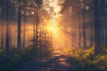 High Resolution Image of Forest Nature Path Sunrise with Beautiful Rays of Light