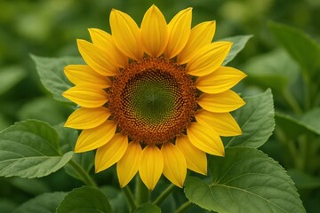 Obraz premium A large yellow sunflower with green leaves in the background