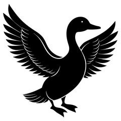 Black silhouette of a duck with wings spread wide in flight