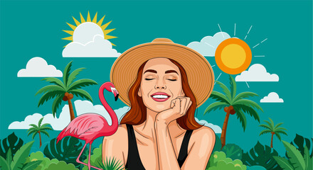 Illustration of a smiling woman among palm trees and a flamingo, serenely enjoying the tropical climate. Happy Woman with a Hat Enjoying the Tropical Sun. Relaxation and Tropical Nature Scene