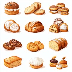Delicious assortment of baked goods including cookies, breads, and pastries displayed on a bright backdrop