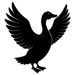 Black silhouette of a duck with wings spread wide in flight