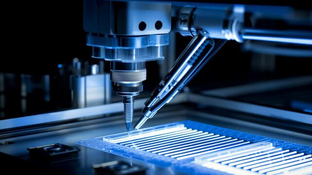 High tech experiment cloning technology with precise machinery and robotic arm in laboratory extracting dinosaur DNA using advanced futuristic science