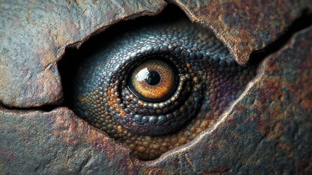 Dinosaur eye peeking through cracked shell showing detailed scales cloning experiment with textured surface and intense focus close up reptile scene