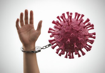 Hand in handcuffs attached to a virus cell representing pandemic restrictions
