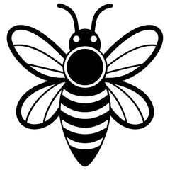 Stylized black and white illustration of a bee with striped abdomen and wings