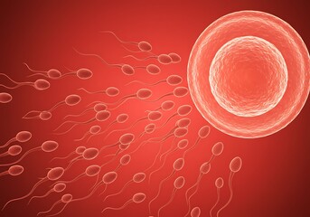 Spermatozoa approaching ovum on red backdrop