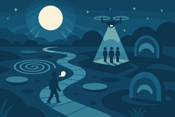 Naklejka premium Surreal night landscape with drone spotlighting human figures