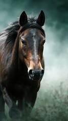Majestic black horse emerging from mist in a serene natural setting during early morning light