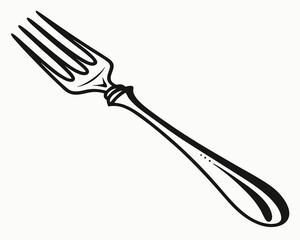 Simple black and white drawing of a classic four tined dining fork