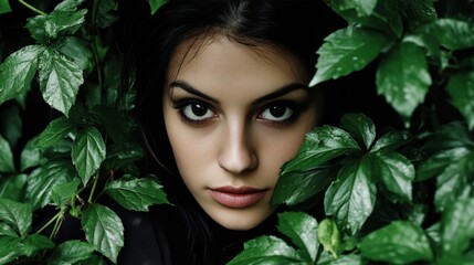 Woman with intense gaze surrounded by lush green leaves creating a natural, mysterious atmosphere