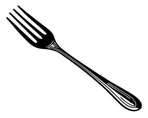 Elegant black silhouette of a four tined dining fork isolated on a white background