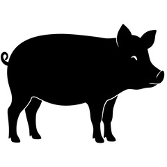 Simple black silhouette of a happy pig standing on a white background
