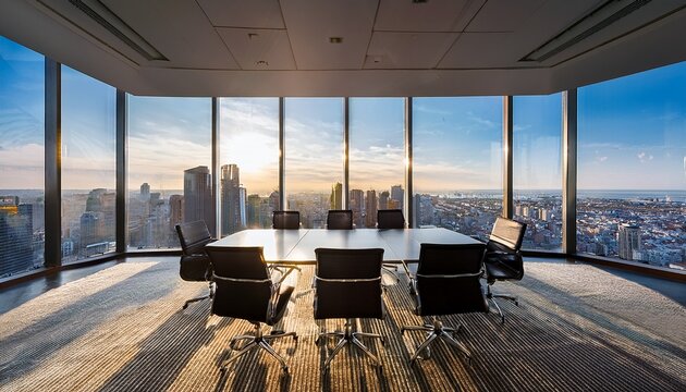 a modern sunlit conference room overlooking a vibrant city skyline with large windows and minimalist design