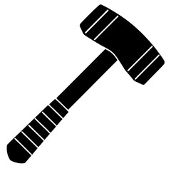 Black silhouette of a mallet with a striped handle and head on a white background