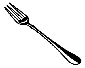 A black and white illustration of a single elegant four tined fork on a white background