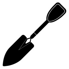 A simple black silhouette icon of a garden trowel on a white background
