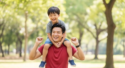 Joyful Father Giving Son Piggyback Ride in a Sunny Park Enjoying a Happy Family Day Outdoors