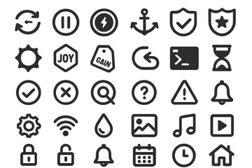 Flat black UI icon set with tech, media, and interface symbols