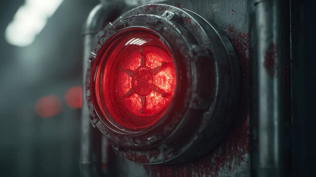 Industrial machine with red light and worn metal pipe in circular design evokes dark industrial atmosphere and futuristic mechanical device concept
