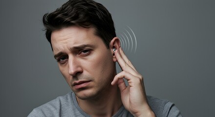 Man experiencing hearing discomfort, gently touching his ear, showing signs of potential hearing loss or earache.