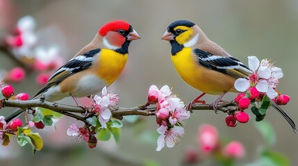 Obraz premium Two colorful birds perched on a blooming branch