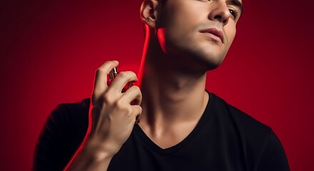 Obraz premium Young Man Applying Fragrance Perfume to Neck for Sophisticated Elegant Style Fashion Portrait Isolated on Red Background Studio Shot