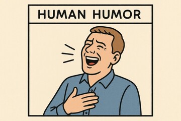 Naklejka premium A cartoon of a man laughing with the words HUMAN HUMOR on it