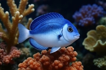 A blue and white fish swimming in an aquarium