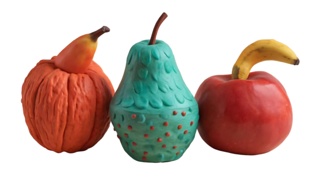 Three stylized fruits including an orange pumpkin a teal pear and a red apple isolated on transparent background