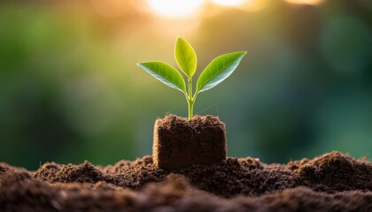 small green plant sprouting from soil block symbolizing growth and sustainability focus is on vibrant leaves with blurred background enhancing sense of depth and hope
