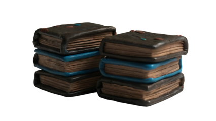 Two stacks of antique leather bound books with blue bindings isolated on transparent background