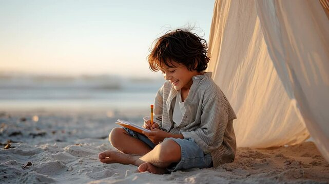 Young boy writing on sandy beach at sunset next to tent