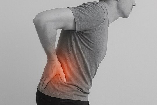 Man Experiencing Lower Back Pain Highlighted in Red - Health and Wellness Concept