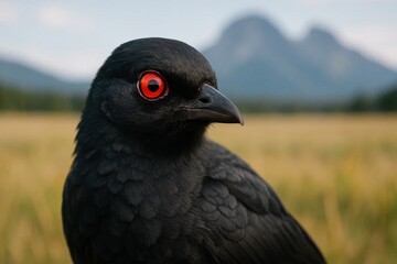 Fototapeta premium A black bird with red eyes sitting in a field