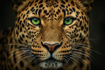  A close up of a leopard's face with green eyes