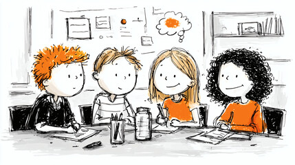 Group of Happy School Children Drawing Together