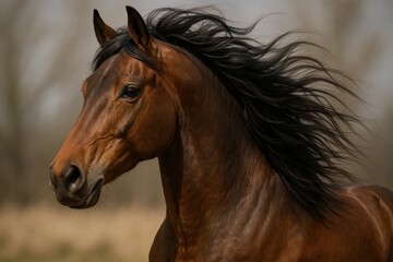 Obraz premium A brown horse with a long mane is standing in a field