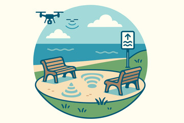 Illustration of a coastal tech zone with drone, tide marker, and echo benches