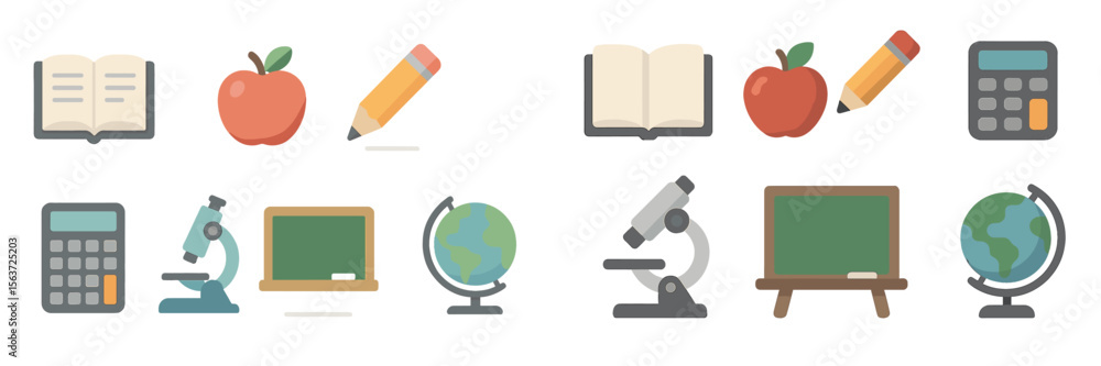 Poster educational tools and symbols showing a classroom setting with books, apples, and scientific equipme