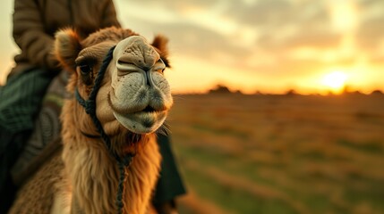 Obraz premium A serene close-up of a camel against a stunning sunset, showcasing its gentle demeanor and textured fur.