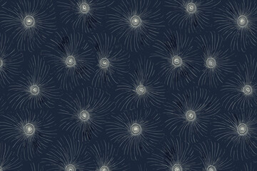 Dark seamless swirl floral pattern with fine white line art petals
